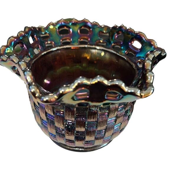 Vintage Fenton Amethyst Carnival Glass Bowl Basket Weave Candy Dish - Picture 8 of 12